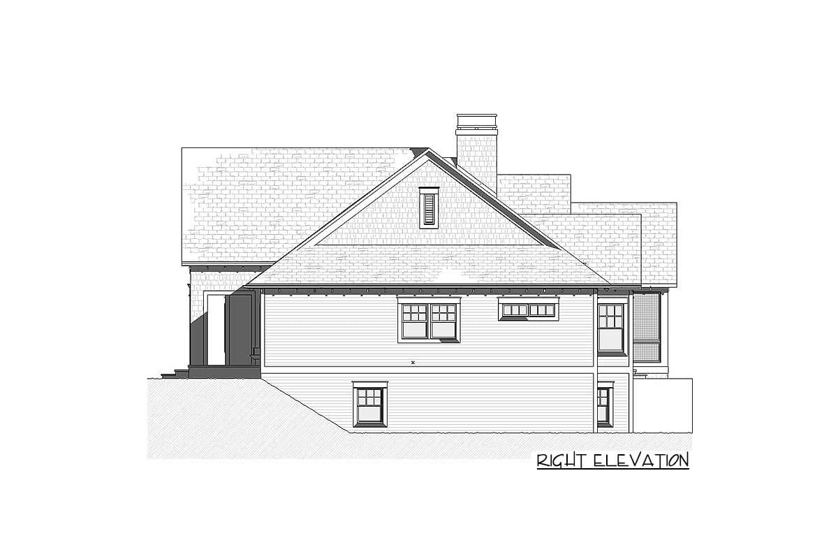 Right elevation drawing of a house plan with a gable dormer, prominent chimney, and clapboard siding.