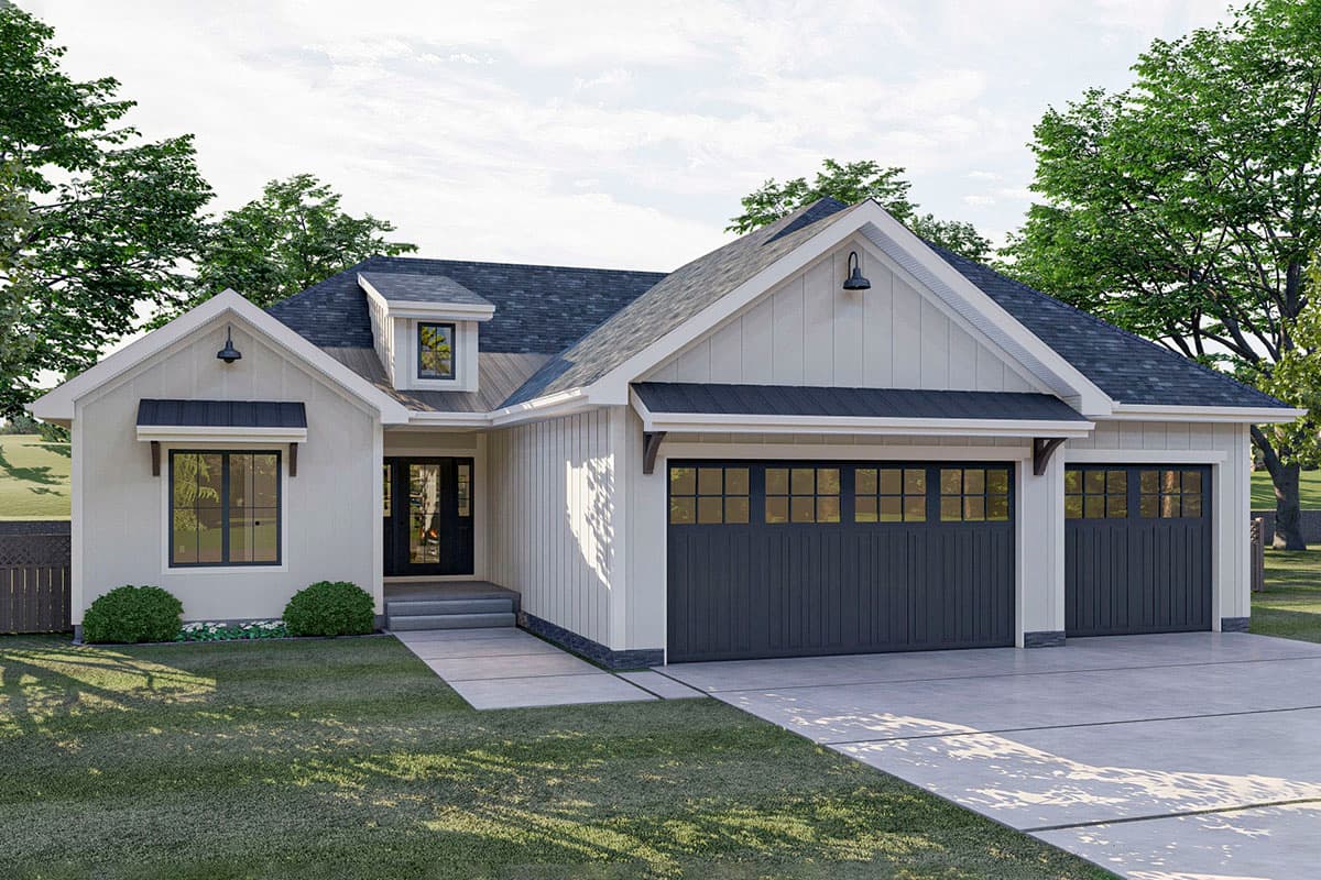 House plan exterior. Modern Farmhouse style, single story, featuring a shed roof over garage, dormer window, and covered entry. Board and batten siding.