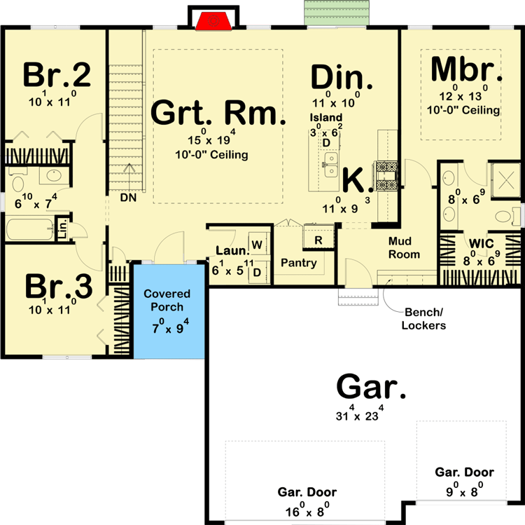 Plan 62732DJ: 3-Bed Modern Farmhouse Ranch Home Plan - 1457 Sq Ft - Floor Plan - Main Level - Bungalow, Country, Farmhouse, Ranch