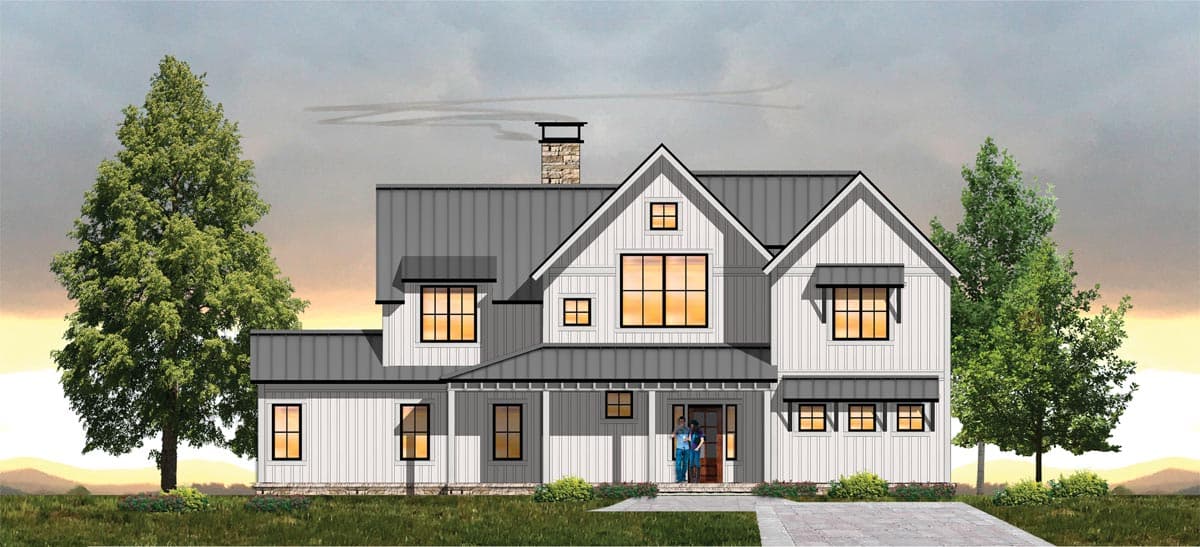 House plan exterior rendering. Modern Farmhouse style with two stories, gabled roof, covered porch, and shed roof over windows.