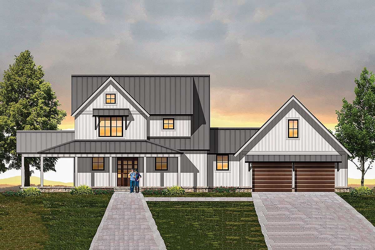 House plan exterior in a Modern Farmhouse style. Features include a two-story design, a front porch, a gable roof, and an attached garage.