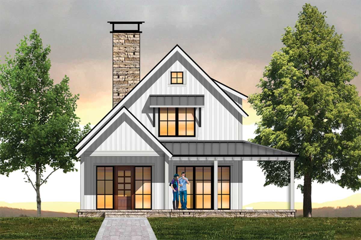 House plan exterior: Modern Farmhouse style, two stories, stone chimney, gabled roofline, covered porch with columns, and board-and-batten siding.