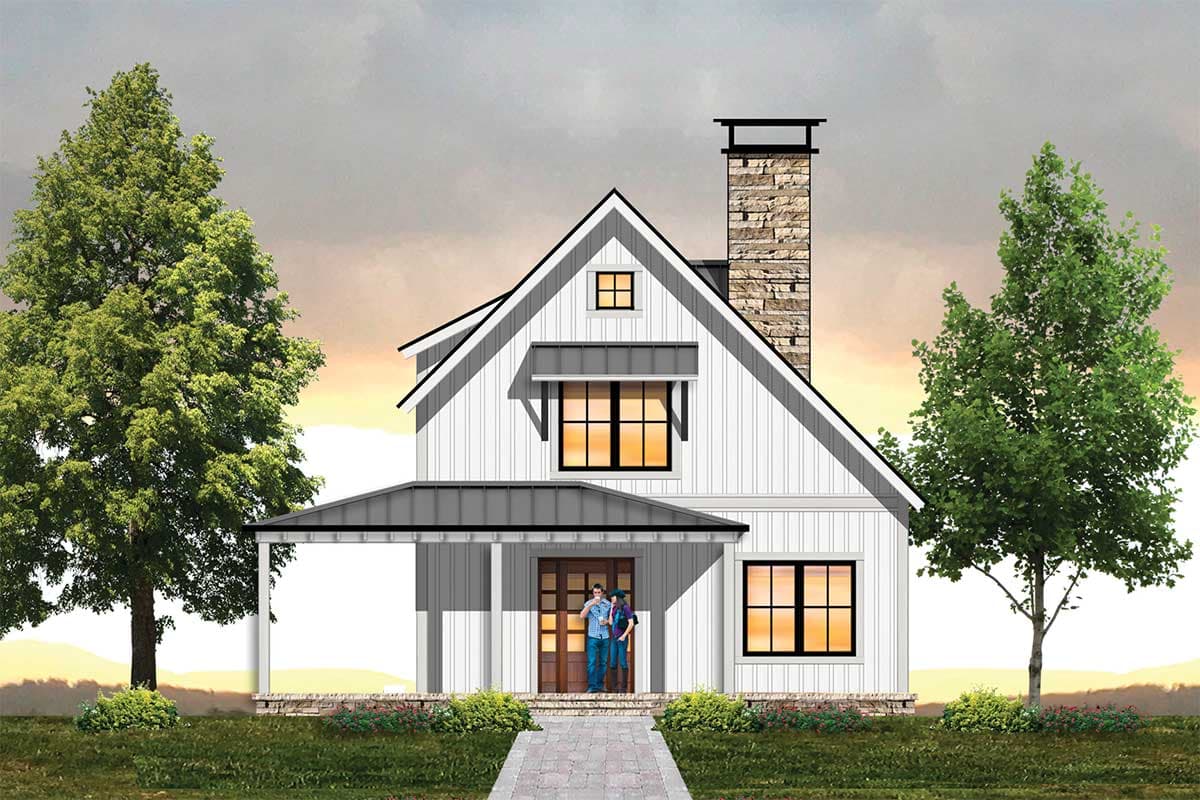 House plan exterior. Farmhouse style with gabled roof, stone chimney, and covered porch. Two stories, with dormer and symmetrical windows.