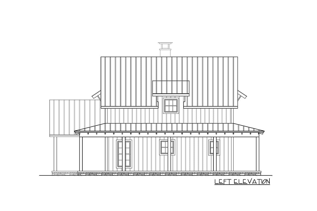 Left elevation drawing of a two-story house plan featuring a metal roof, dormer, porch, and multiple windows.