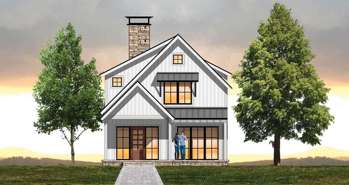 House plan exterior of a two-story modern farmhouse with a stone chimney, metal roof awnings, and board and batten siding.