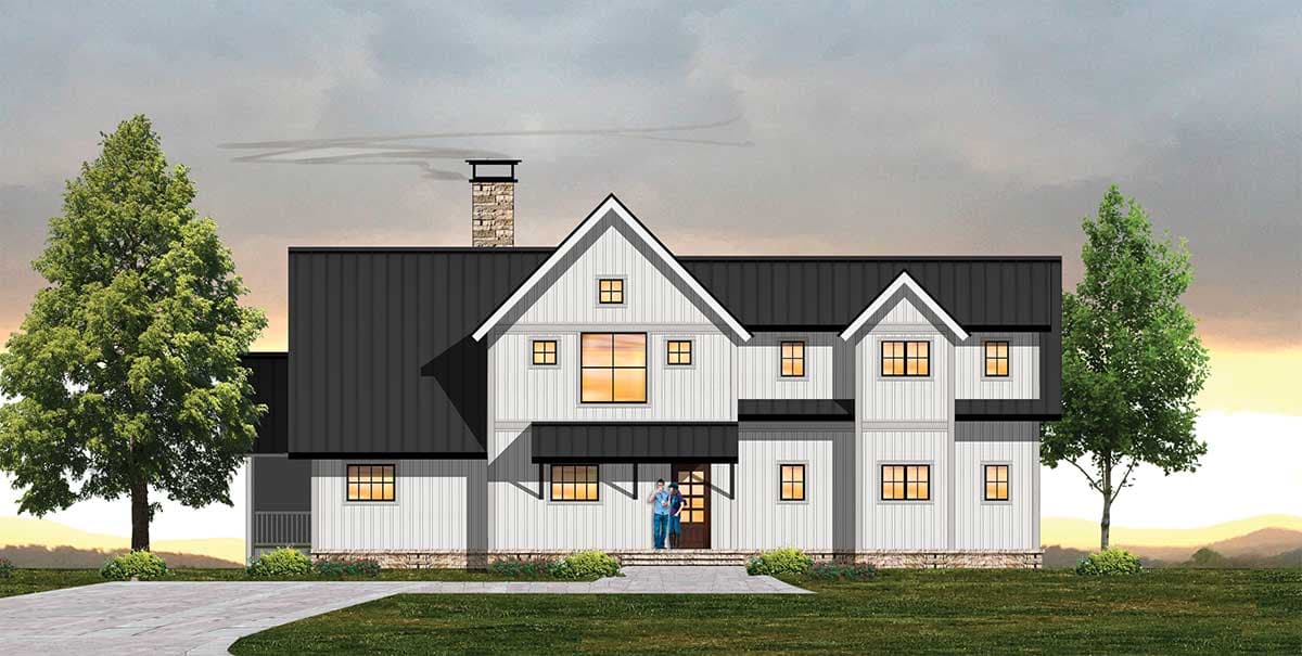 House plan exterior. Two-story Modern Farmhouse with gables, a black metal roof, porch awning, and stone chimney. Features multiple windows.