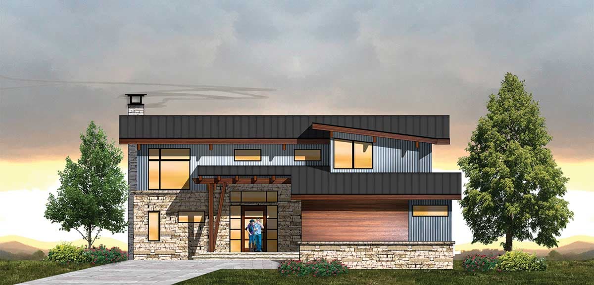 House plan exterior. Two-story Modern style with flat and angled rooflines, stone and corrugated metal siding, and a wooden garage door.