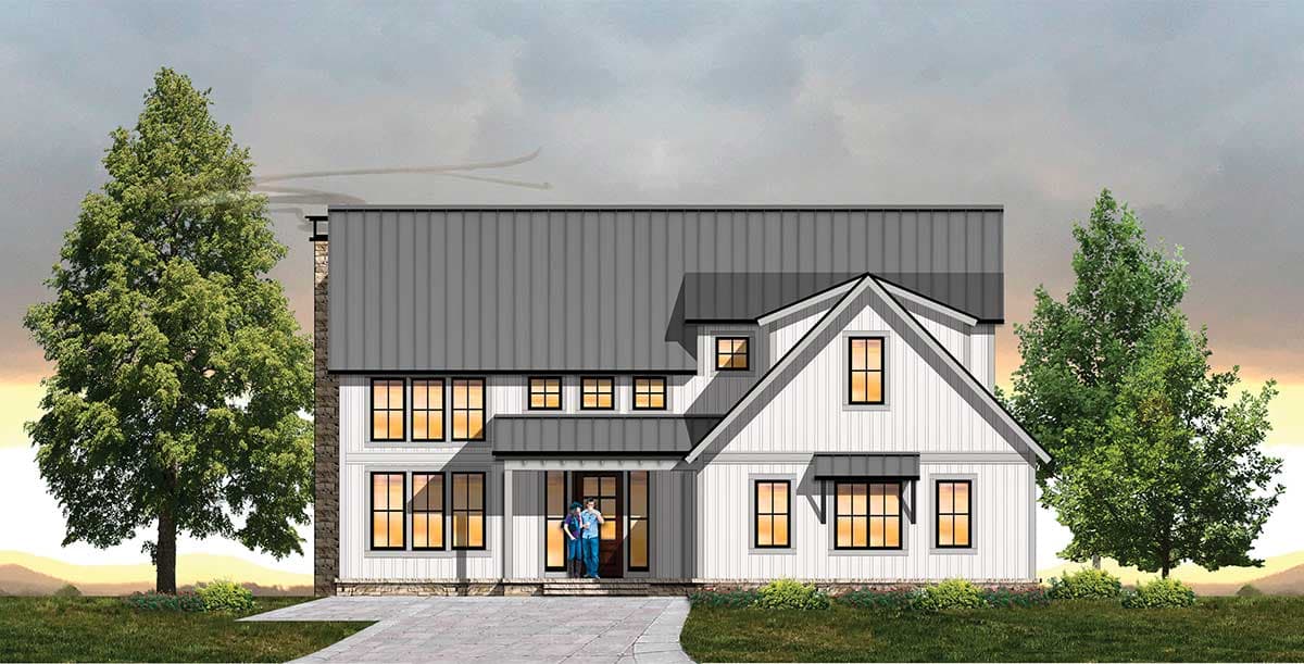 House plan exterior. Two-story Modern Farmhouse with a gabled roof, a covered porch, and a metal roof. Features a stone chimney.