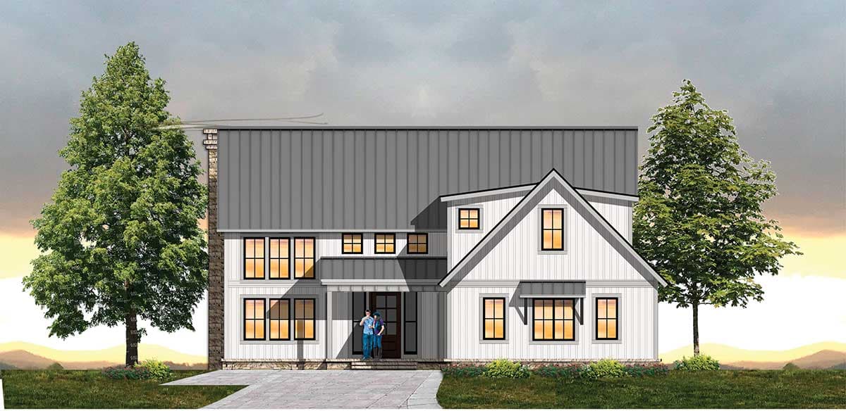 House plan exterior rendering. Modern farmhouse style with gabled roof, rectangular windows, and a covered porch. Two-story house with metal roof.