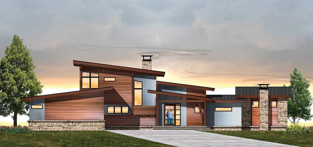 House plan exterior. Modern style, single story home with multiple shed rooflines, wood and corrugated metal siding, and a stone chimney.