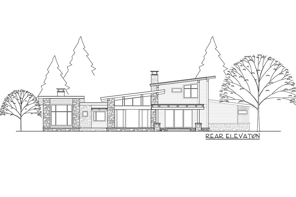 Rear elevation of a modern house plan featuring asymmetrical rooflines, stone accents, and expansive windows.