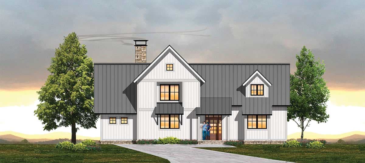 House plan exterior. Two-story Modern Farmhouse with gables, dormers, and a shed-roof porch. Features a stone chimney and horizontal siding.