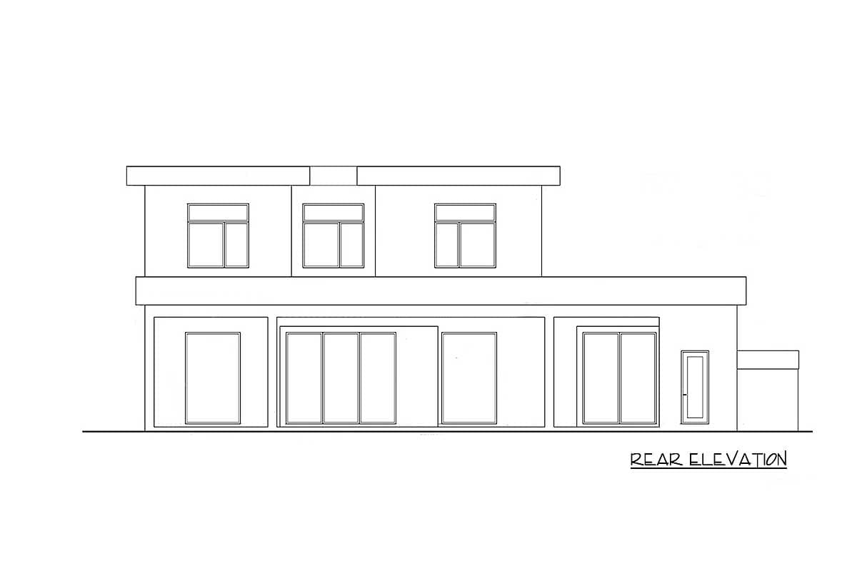 Rear elevation drawing of a two-story house plan with a flat roof, upper windows, and large sliding glass doors on the main level.