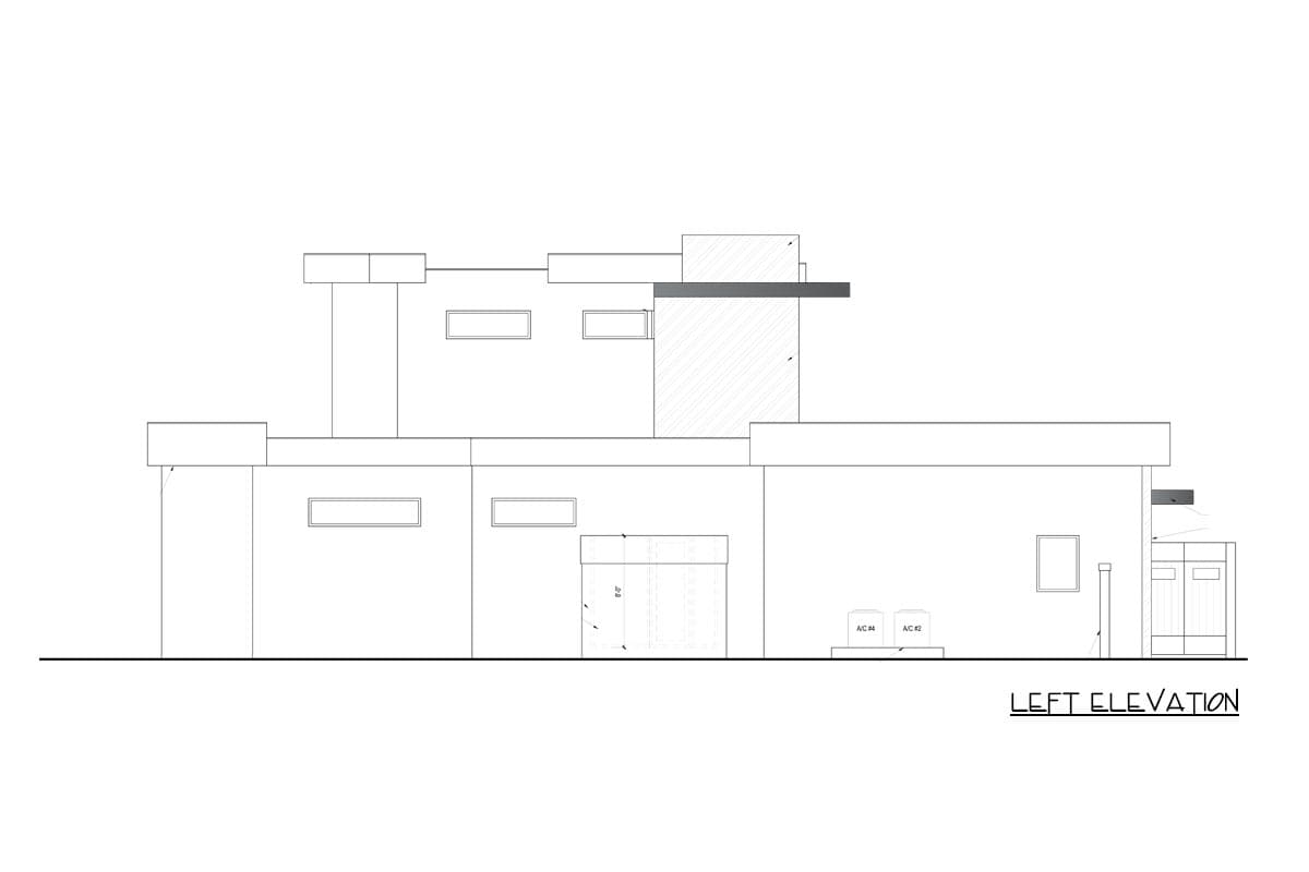 Left elevation drawing of a multi-level modern house plan with rectangular windows and two AC units.