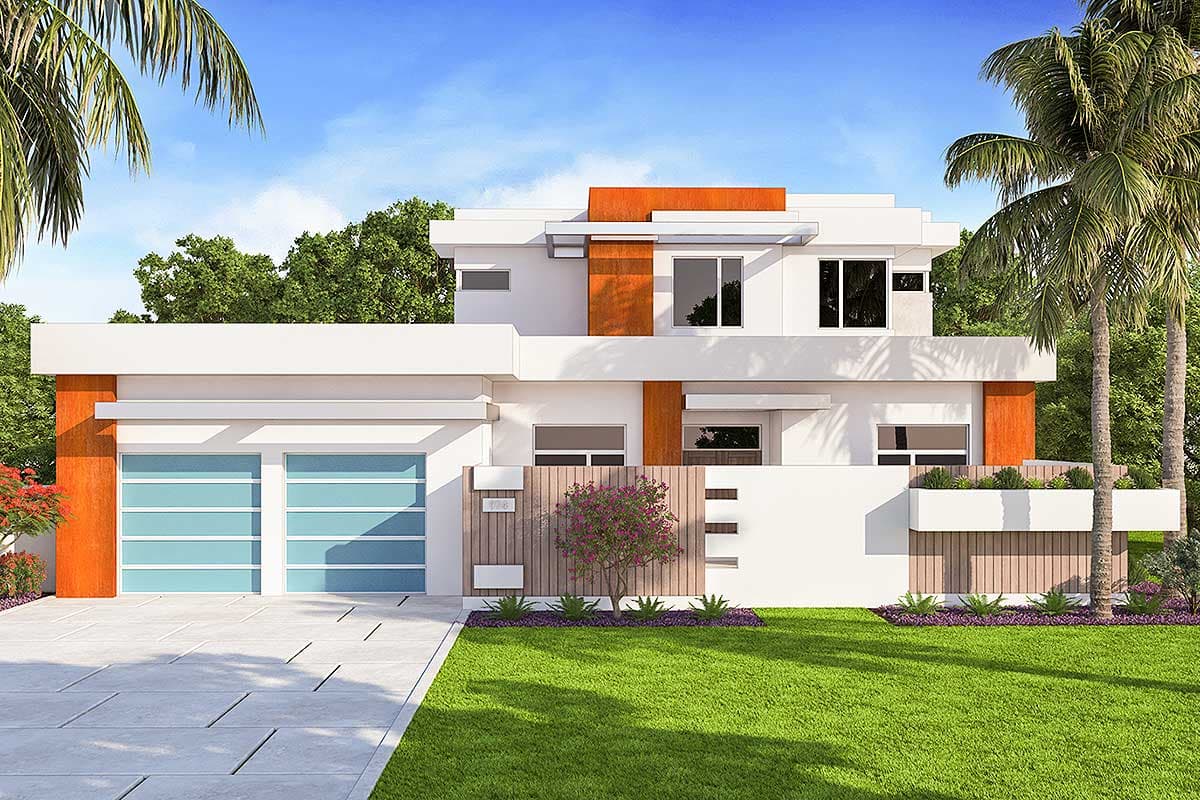 House plan exterior. Two-story modern house with flat roof, recessed entry, and two-car garage with glass doors. Palm trees flank the house.