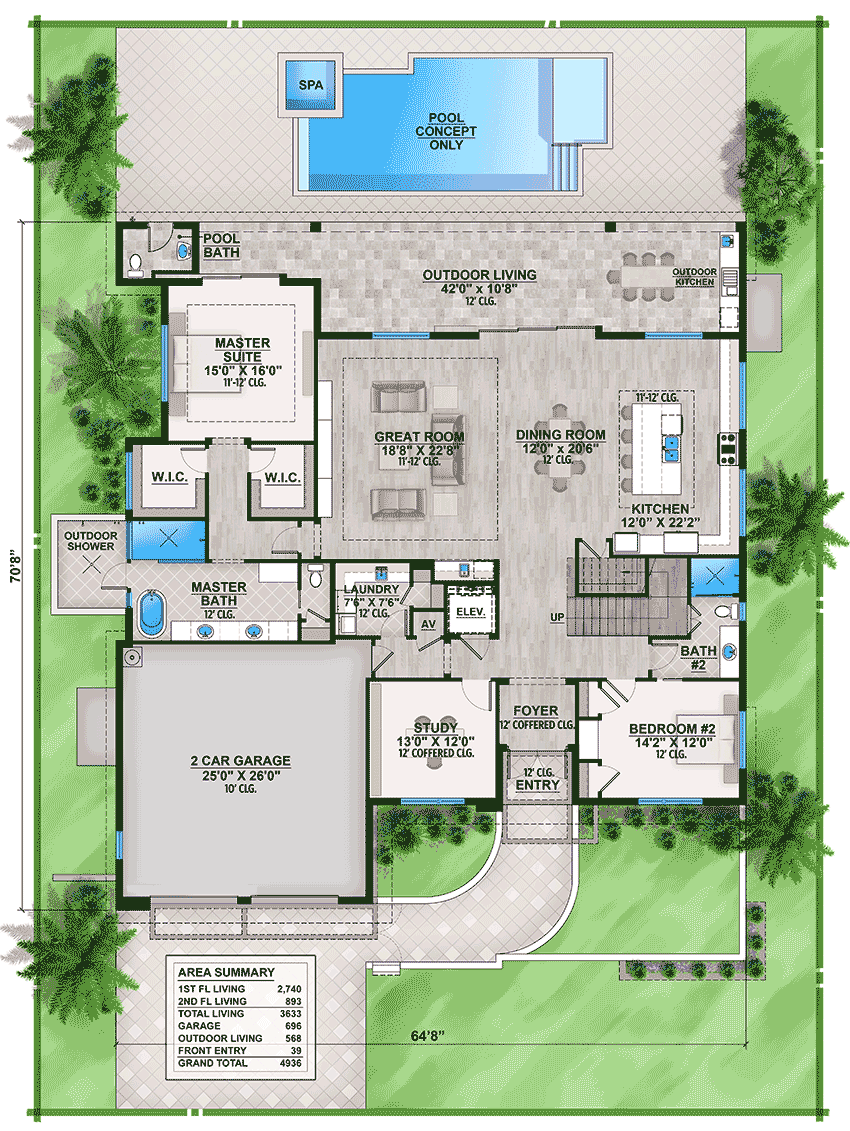 Plan 65619BS: Modern Beauty with Residential Elevator - Floor Plan - Main Level - Florida-Style, Modern