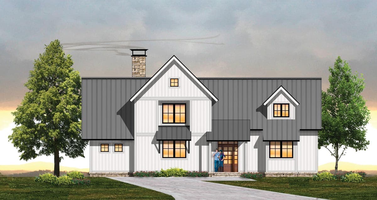 House plan exterior rendering. Two-story Modern Farmhouse with gable roof, dormers, and covered entry. Features a chimney and vertical siding.