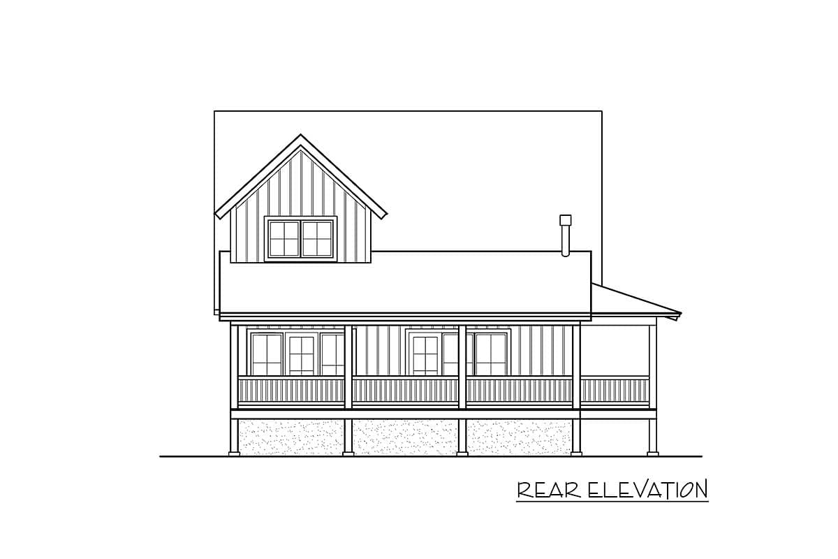 Rear elevation drawing of a two-story house with a covered porch, gables, and a dormer window.