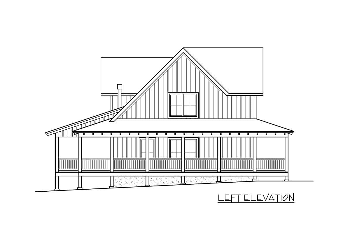 Left elevation house plan drawing shows a two-story home with a gabled dormer, wraparound porch, and vertical siding.