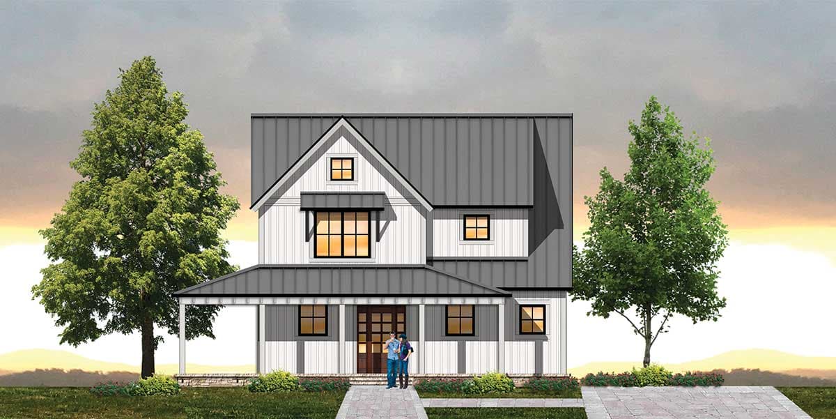 House plan exterior in Modern Farmhouse style with a two-story layout, featuring a covered porch, gable roof, and dormers.