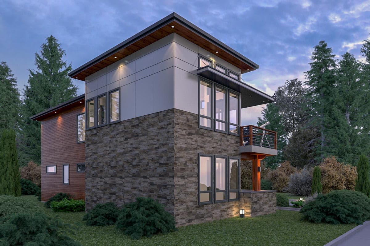 Modern house plan exterior with stone and wood siding, cantilevered balcony, and flat roof with overhangs.