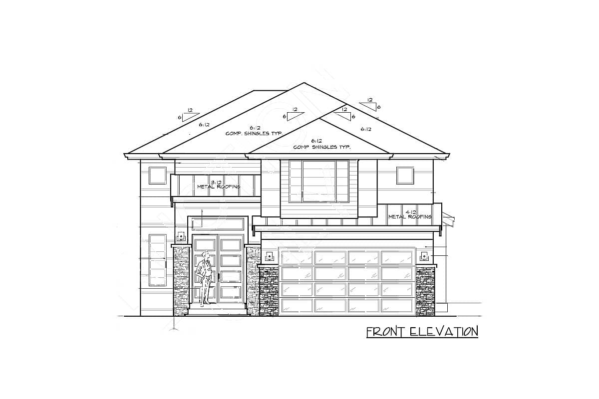 Front elevation drawing of a two-story house with a multi-gabled roof, composite shingles, metal roofing, and a three-car garage.