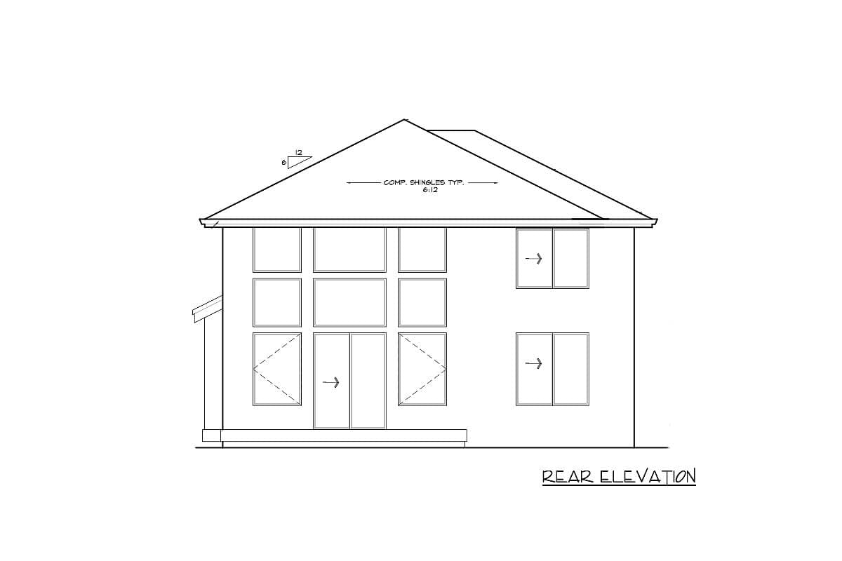 Rear elevation drawing of a house plan featuring a prominent gable roof, large grid windows, and two doors with directional arrows.