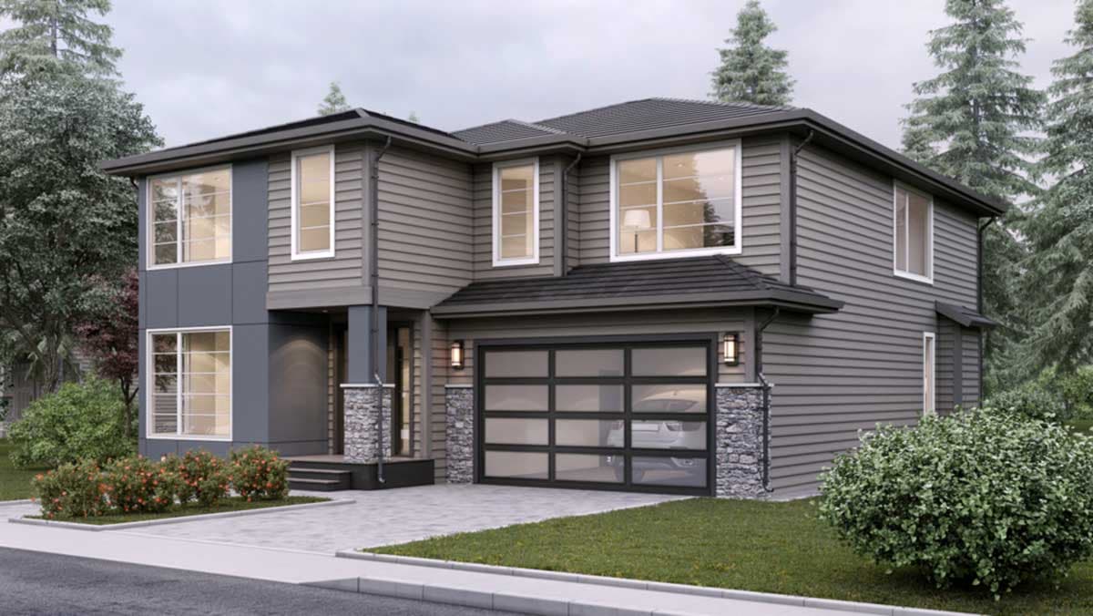 Two-story house plan exterior with a modern design. Features include a glass garage door, a gabled roofline, and stone accents.