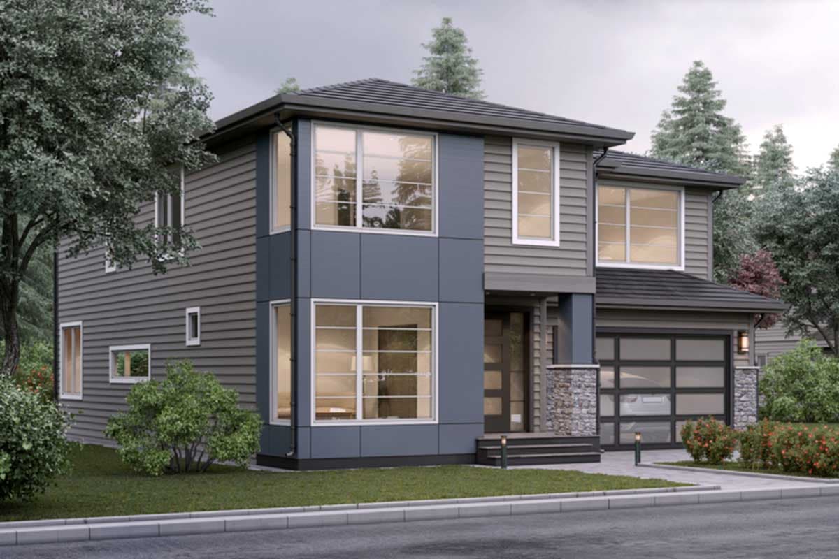 Modern two-story house plan exterior with horizontal siding, contrasting blue panels, large windows, and a glass garage door.