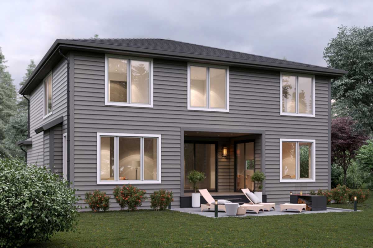 Two-story house plan exterior with horizontal siding, a dark hip roof, and a covered patio with sliding glass doors.