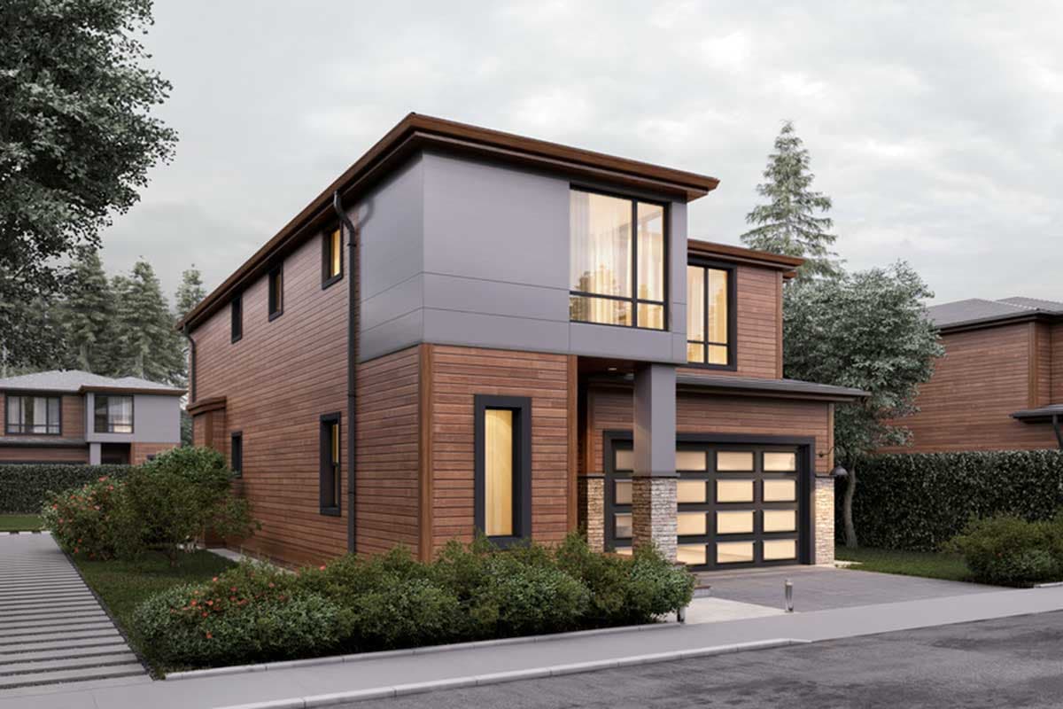 Modern two-story house plan exterior with wood siding, gray panels, large windows, and a glass garage door.