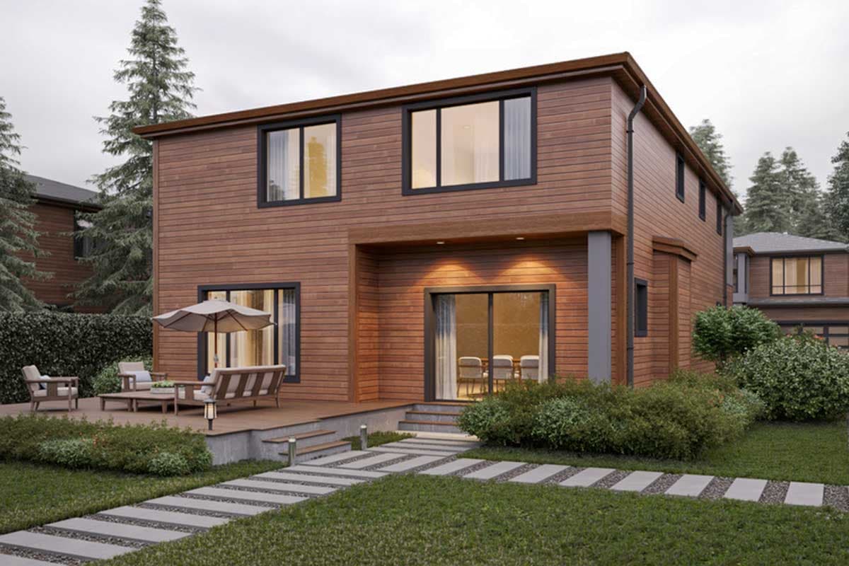 Two-story modern house plan exterior with horizontal wood siding, large windows, and a multi-level deck.
