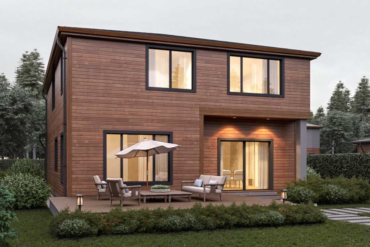 Two-story modern house plan with horizontal wood siding, dark-framed windows, and a patio with outdoor furniture.