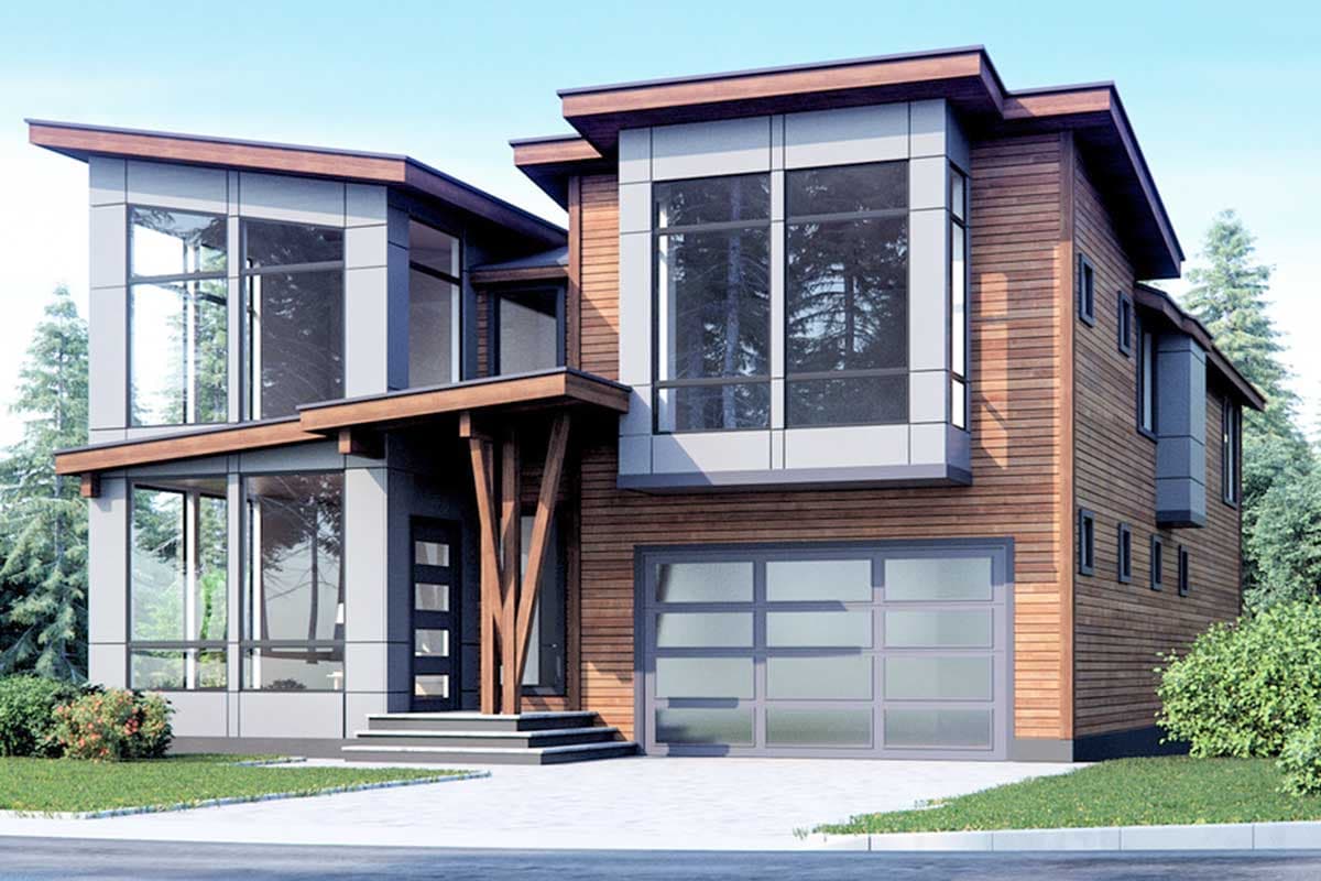 House plan exterior. Two-story Modern house with a flat roof, large windows, and a detached garage. Features wood siding and a covered entry.