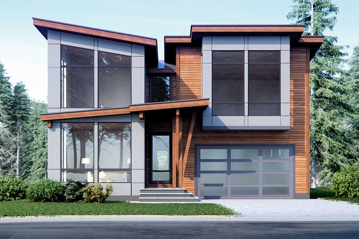Modern two-story house plan exterior with large windows, wood siding, and angled rooflines.