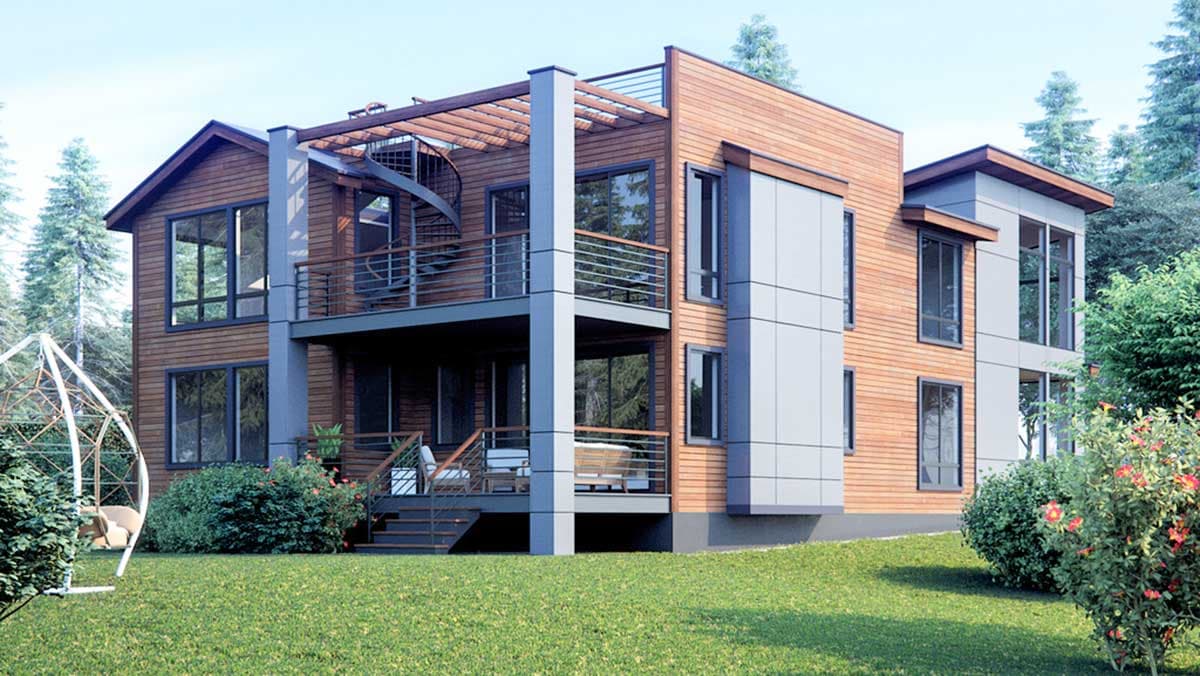 Modern house plan exterior with wood siding, multiple balconies, a spiral staircase, and a gabled roofline.