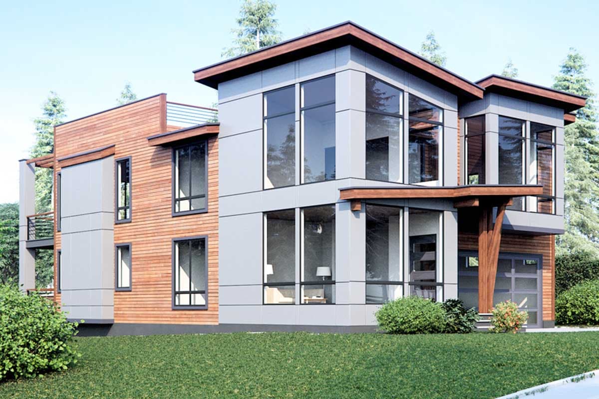 Modern house plan exterior featuring wood siding, gray panels, large windows, and a pitched roof.