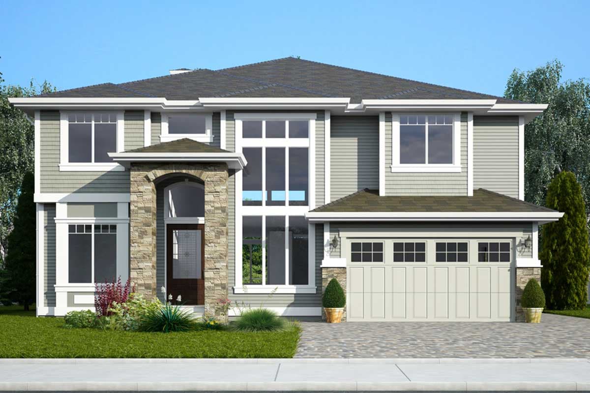 House plan exterior. Two-story home with a stone-clad entry, multi-pane windows, and a two-car garage. Gable roof and dormer windows visible.