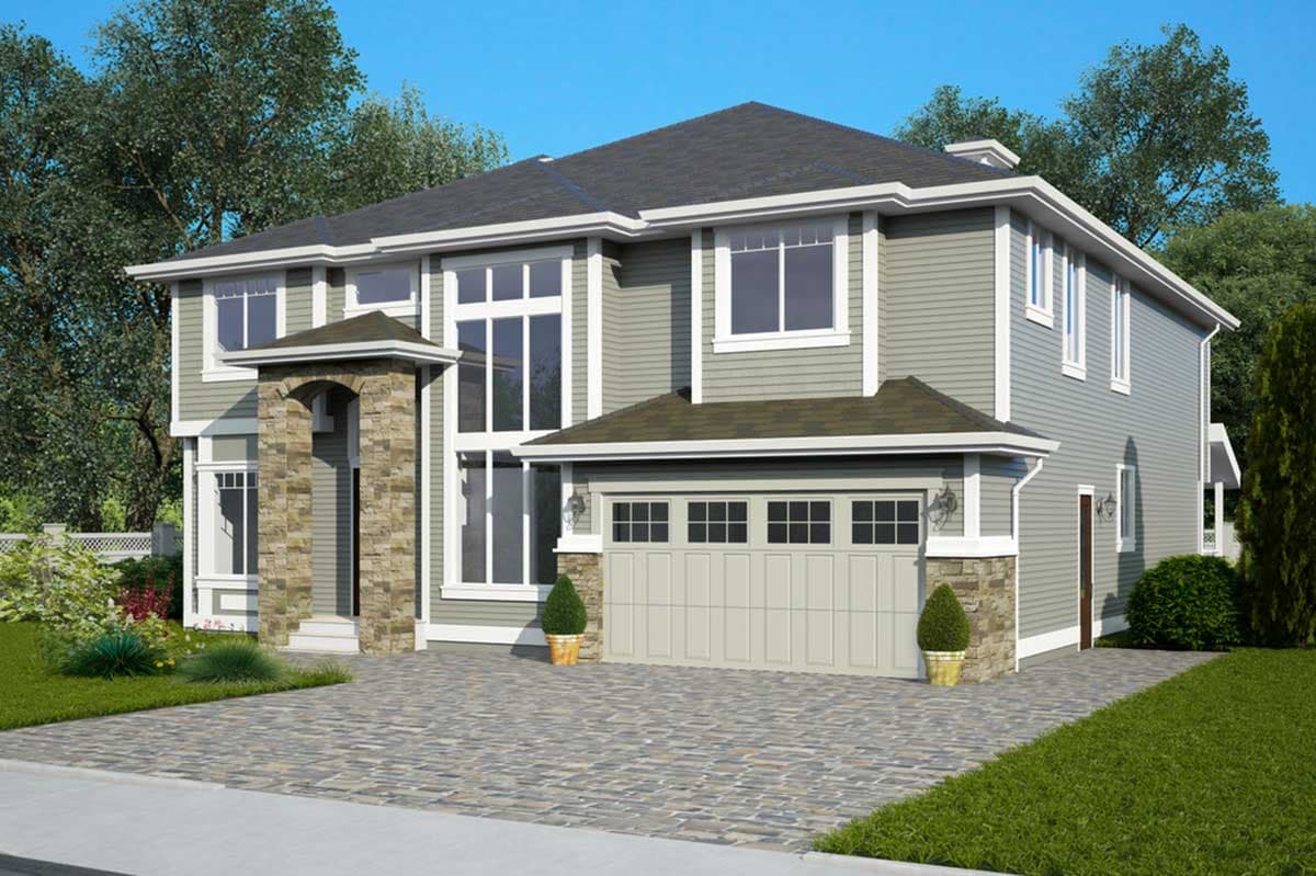 House plan exterior: two-story home with stone-accented entryway, large multi-pane windows, and attached garage.