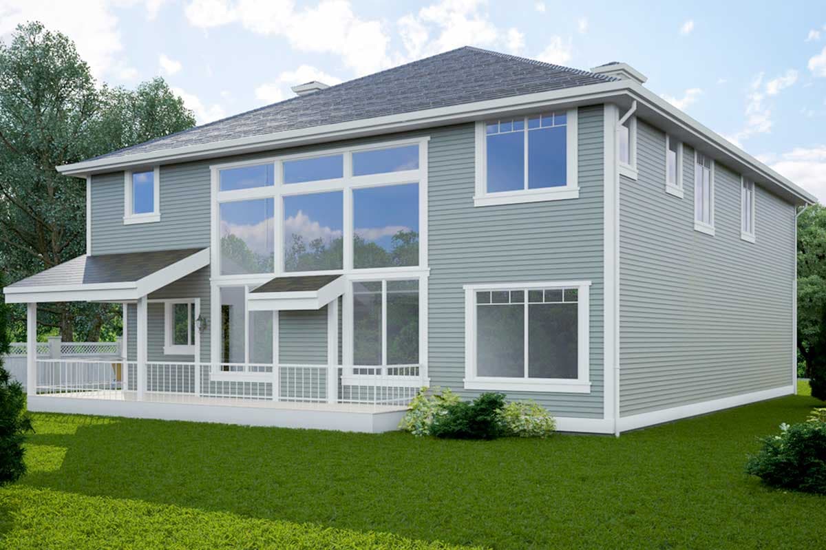 House plan exterior: Two-story home with a covered porch, extensive multi-pane windows, and horizontal siding.