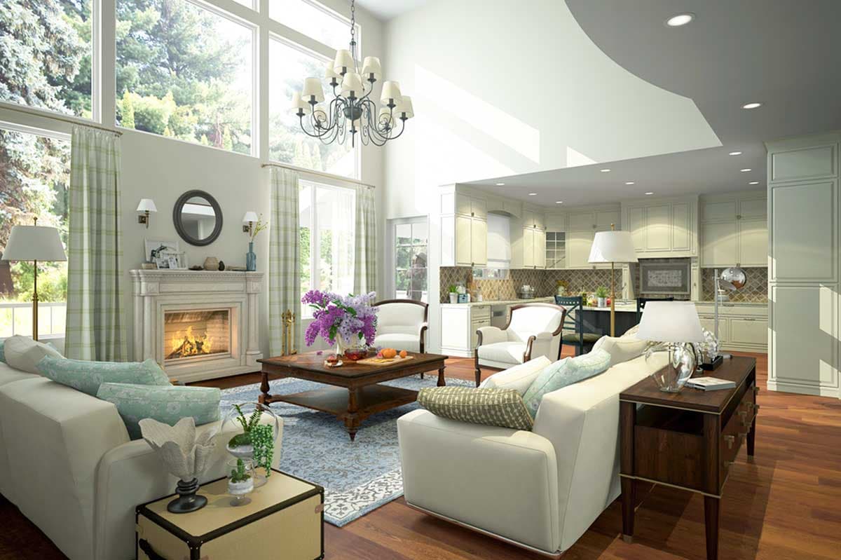 Interior rendering of an open-concept great room with a fireplace, vaulted ceiling, and adjacent kitchen.