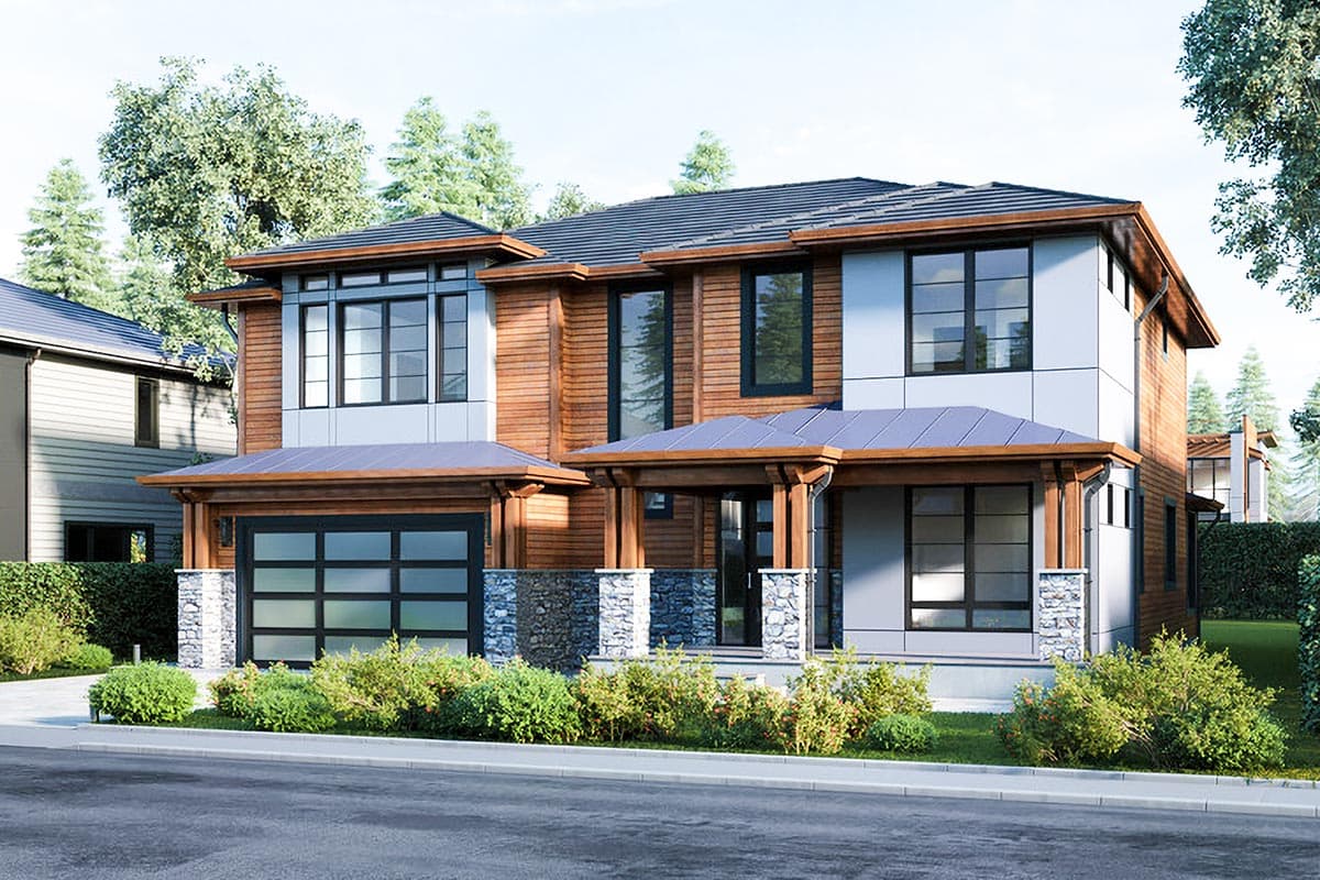 House plan exterior. Two-story modern house with wood siding, flat roof, and covered entry. Features include a two-car garage.