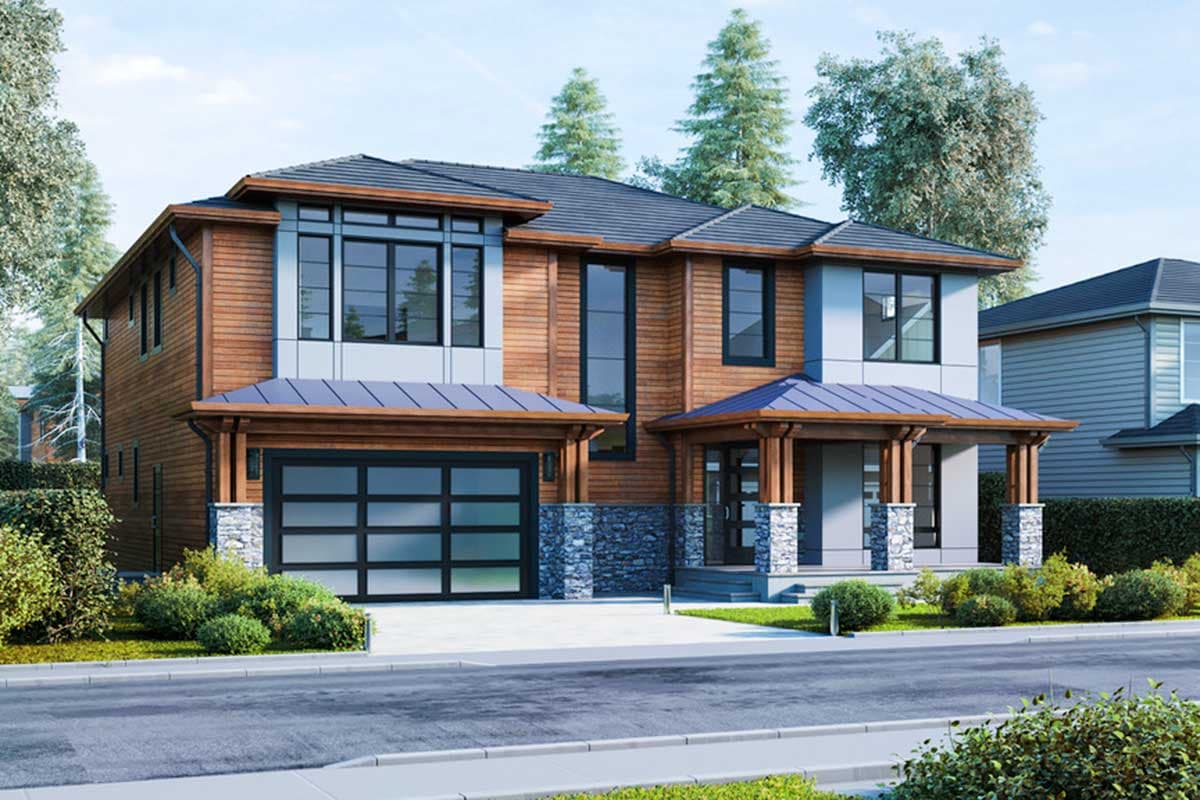 Modern two-story house plan exterior with wood siding, stone accents, glass garage door, and covered entry with wood posts.