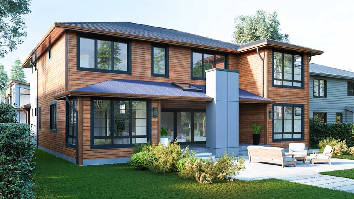 Modern two-story house plan exterior with wood siding, dark-trimmed windows, a blue metal roof, and a covered patio with outdoor seating.