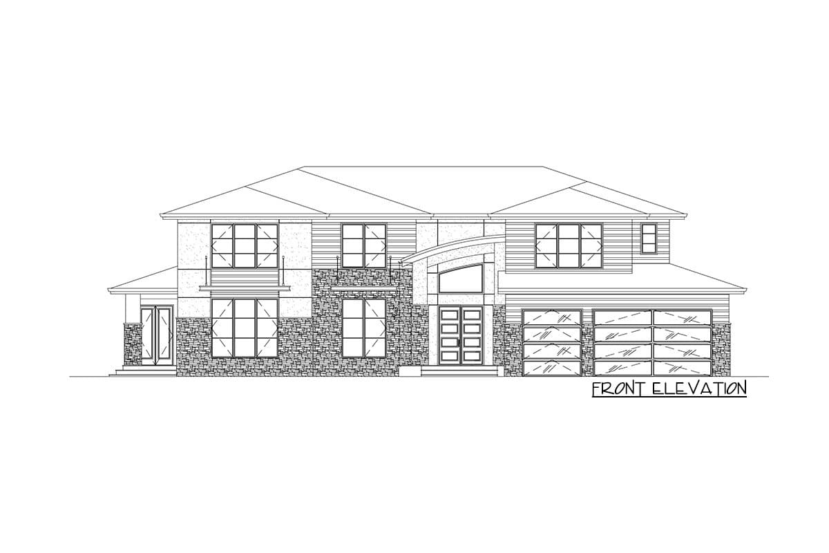 Front elevation drawing of a two-story house plan featuring stone accents, multiple windows, a modern entrance, and a side-facing garage.