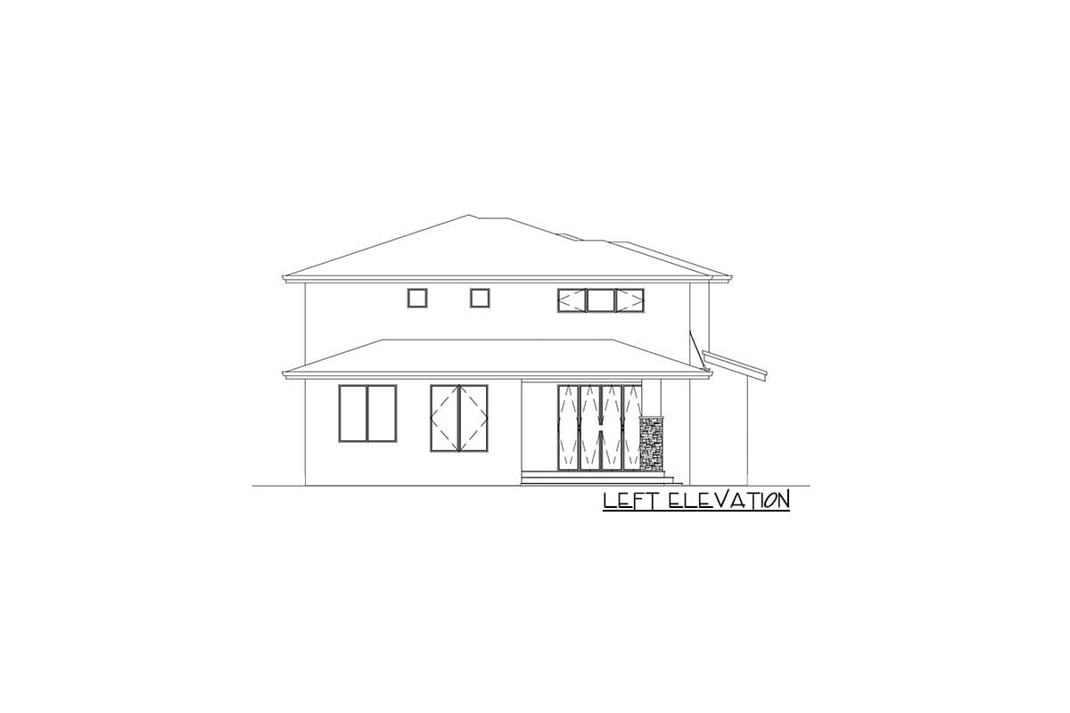 Left elevation of a two-story house plan with a hip roof, multiple windows, and a covered patio.
