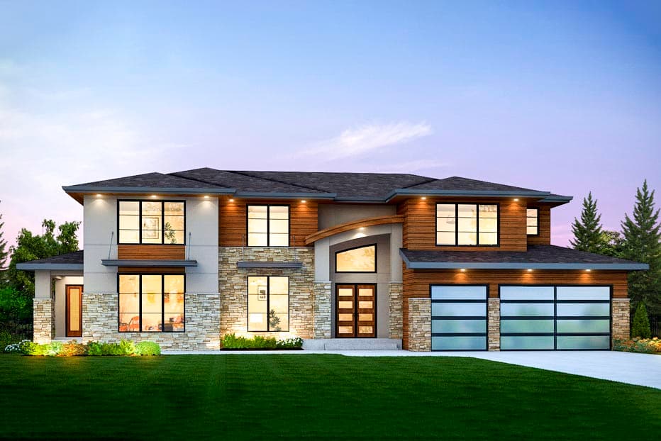 House plan exterior. Two-story Modern house with stone and wood siding, two-car garage, and a covered entry. Features large windows and a flat roof.