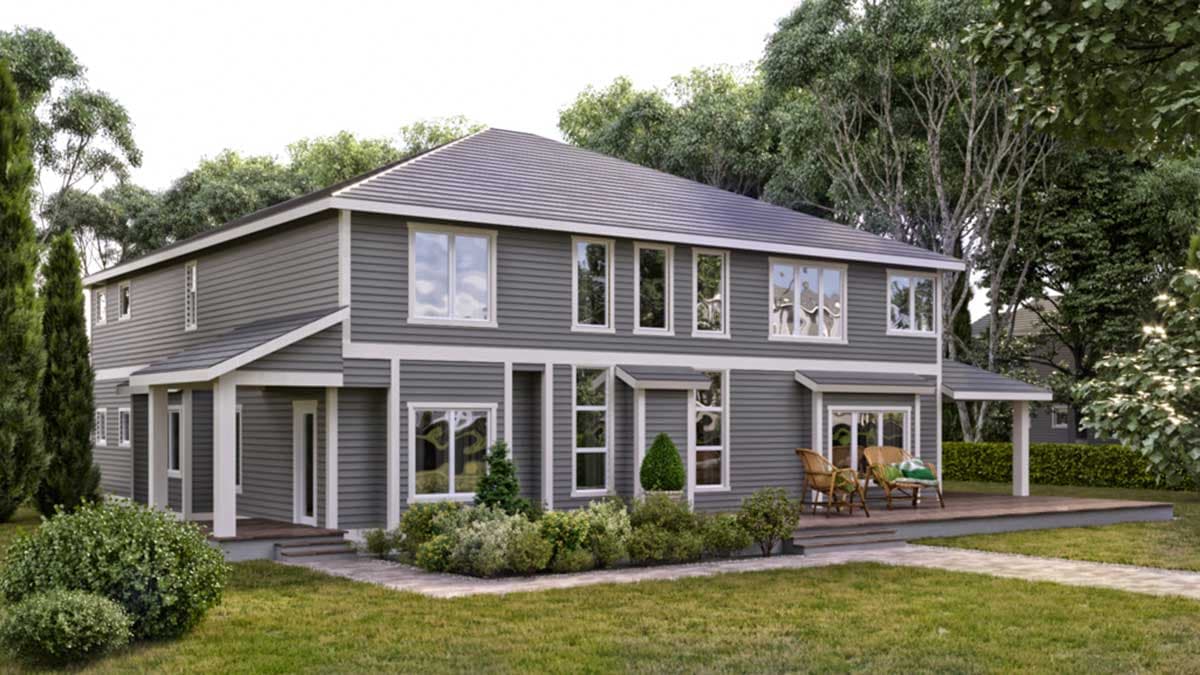 Two-story house plan exterior with lap siding, gabled roof, prominent front porch, and multiple window arrangements.
