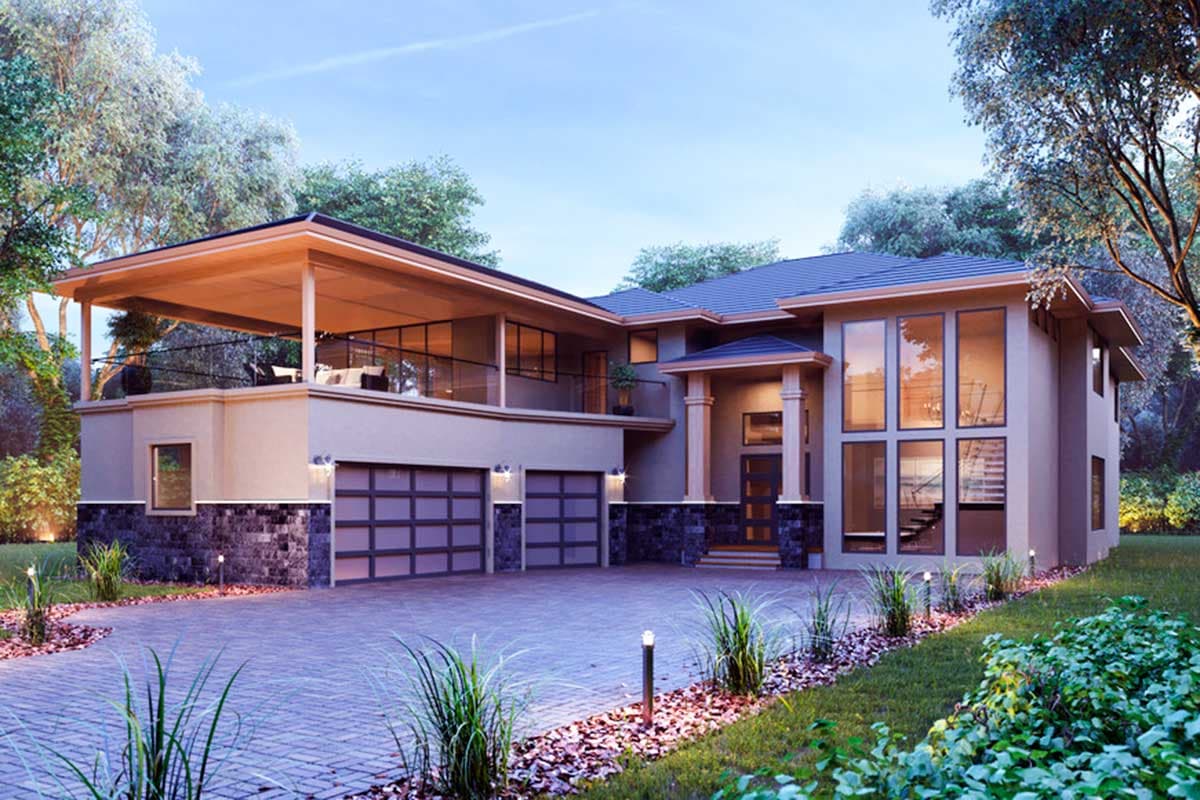 House plan exterior with two stories. Features include a covered balcony, multi-car garage, and a large window wall.