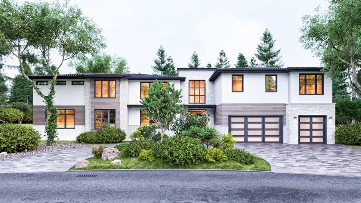 House plan exterior. Two-story modern home with flat roof, attached garage, and large windows. Exterior features stone veneer and varied siding.